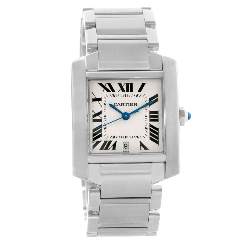This image shows a front view of a Cartier Tank Francaise W51002Q3 Men's Stainless Steel Silver Dial W51002Q3 Men's Stainless Steel Silver Dial watch, displaying its square dial, roman numeral markers, and metal bracelet.