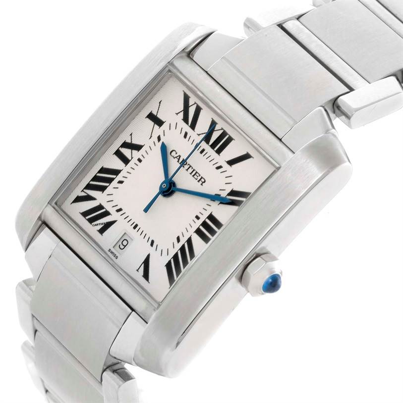 This image shows a close-up angle of a Cartier Tank Francaise W51002Q3 Men's Stainless Steel Silver Dial W51002Q3 Men's Stainless Steel Silver Dial watch, highlighting the face, case, bracelet, and crown.