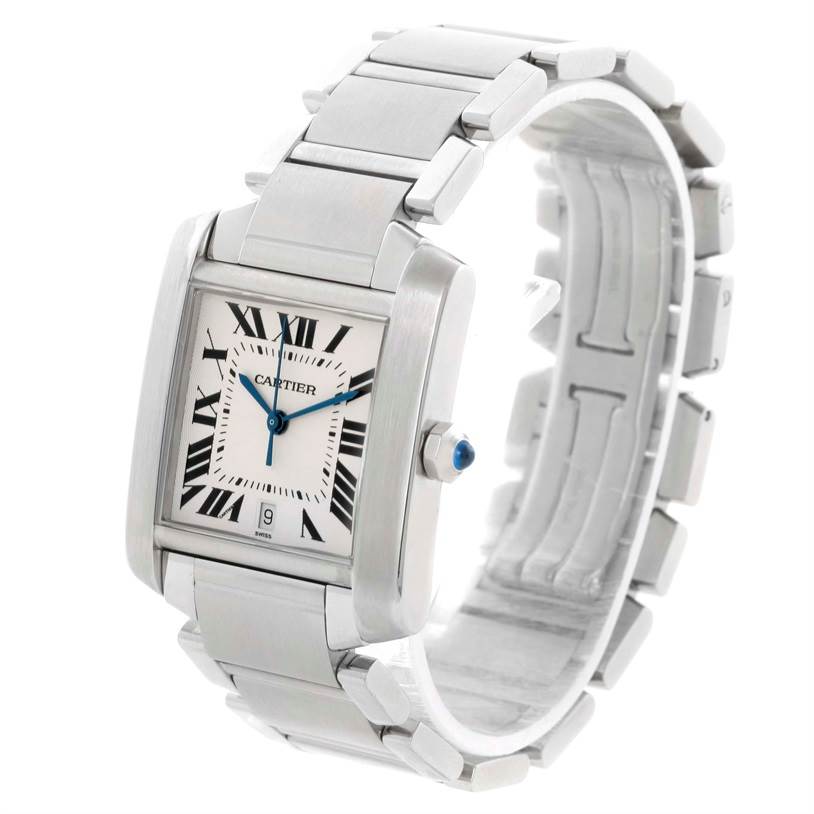 The Cartier Tank Française watch is shown at a three-quarter angle, highlighting the face, crown, and bracelet.