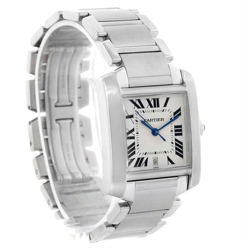 The image shows a Cartier Tank Française watch from a front-side angle, highlighting the face, bezel, and metal bracelet.