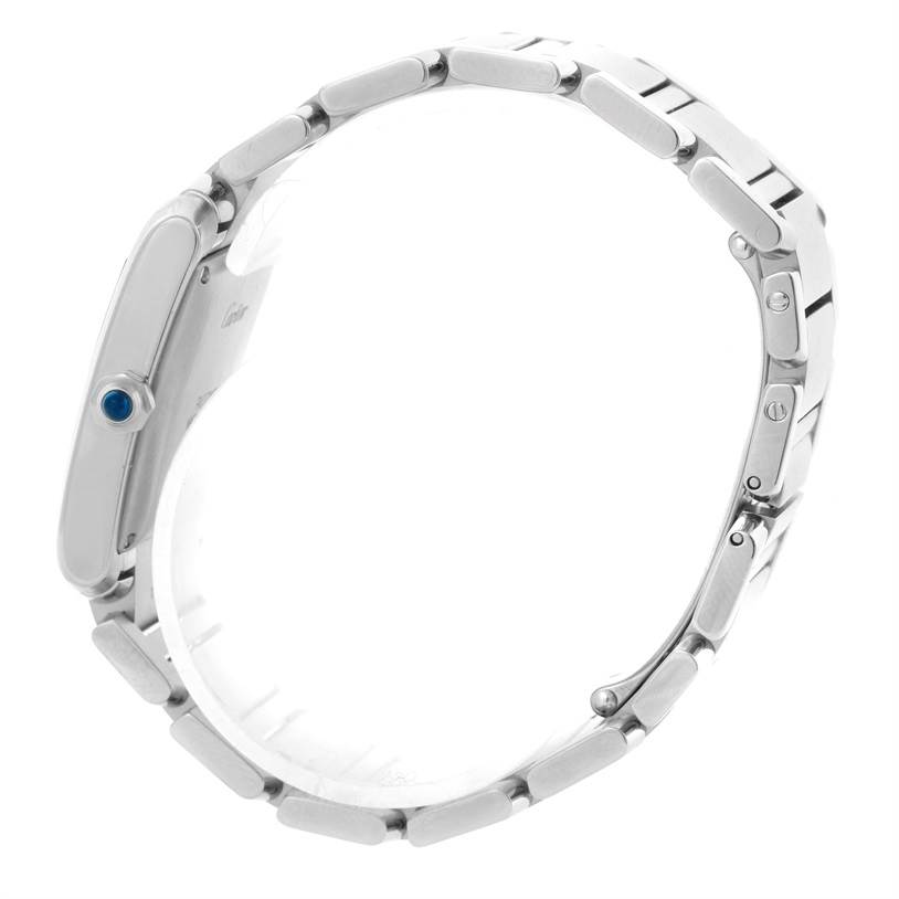 This image shows a side view of the Cartier Tank Française watch, highlighting its bezel, crown, and bracelet.