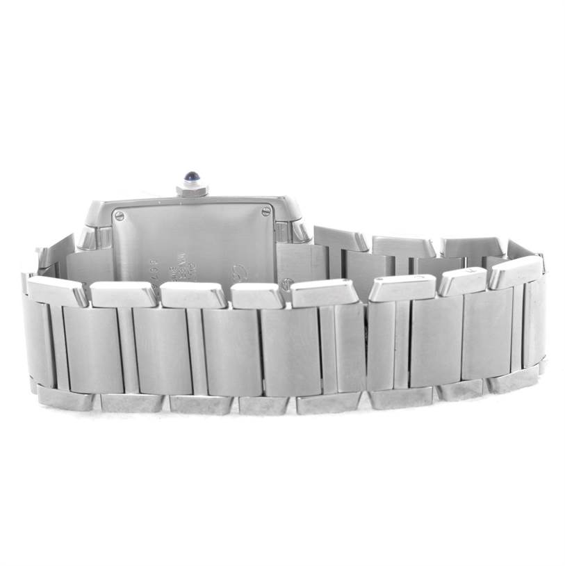 The image shows the back view of the Cartier Tank Francaise W51002Q3 Men's Stainless Steel Silver Dial W51002Q3 Men's Stainless Steel Silver Dial watch, focusing on its bracelet and case back.