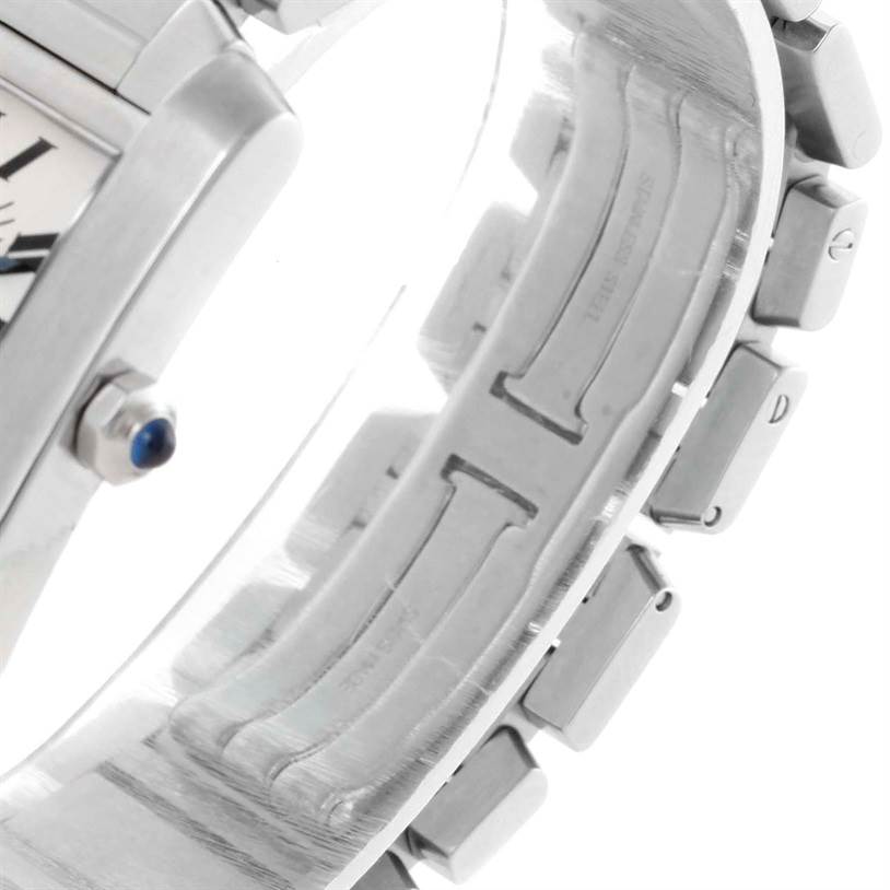 This image shows a close-up of the bracelet and case side of the Cartier Tank Française watch.