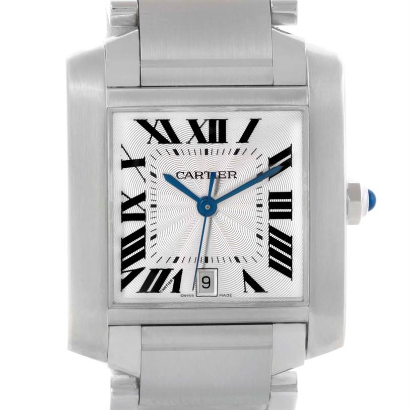 The image shows a front view of the Cartier Tank Francaise W51002Q3 Men
s Stainless Steel Silver Dial W51002Q3 Men
s Stainless Steel Silver Dial watch, displaying the dial, hands, Roman numerals, and date window.