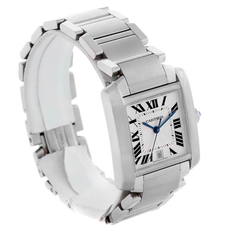 The image shows a Cartier Tank Francaise W51002Q3 Men
s Stainless Steel Silver Dial W51002Q3 Men
s Stainless Steel Silver Dial watch angled to display the face, case, and metal bracelet band.
