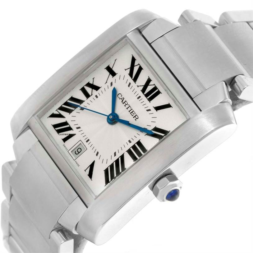 The image shows a close-up, angled view of the Cartier Tank Francaise W51002Q3 Men
s Stainless Steel Silver Dial W51002Q3 Men
s Stainless Steel Silver Dial watch, highlighting its dial, bezel, and part of the bracelet.