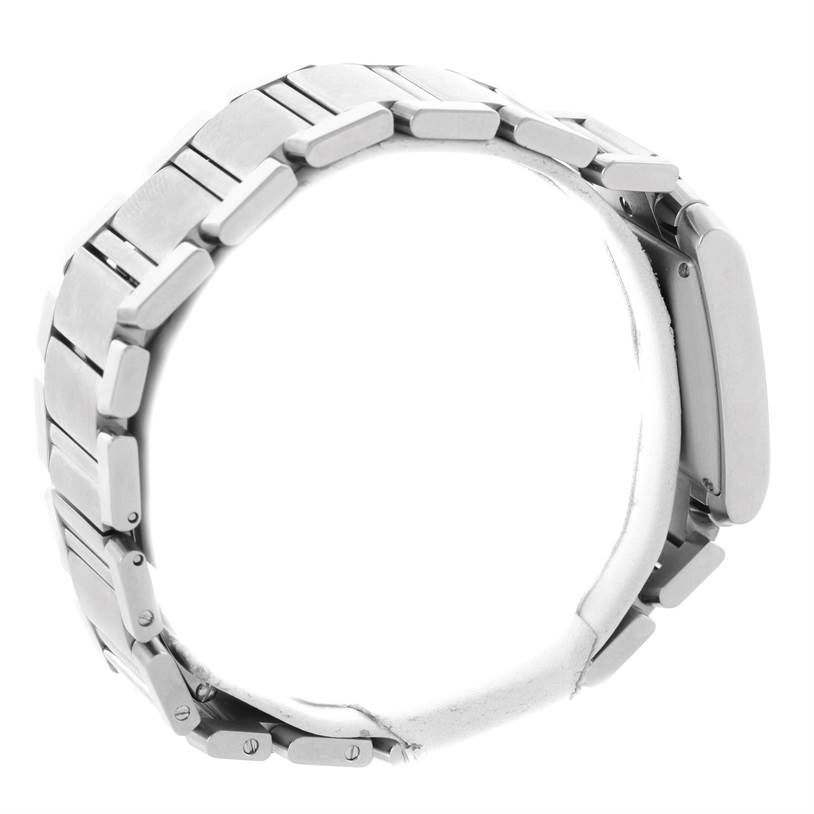 The image shows a side view of the Cartier Tank Française watch, emphasizing its metal bracelet and clasp.