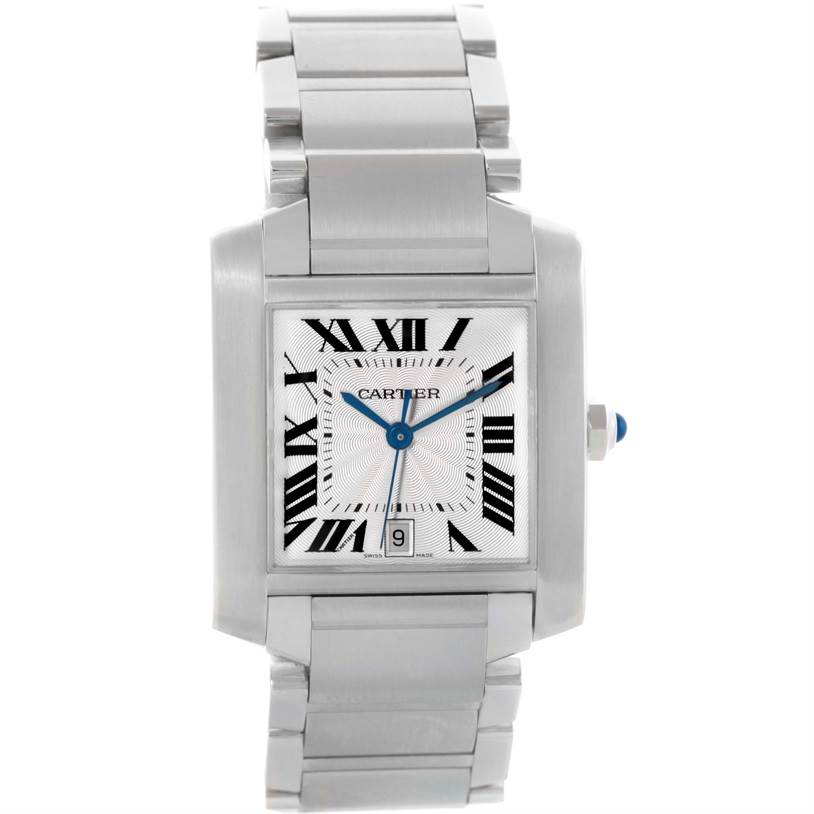 The image shows a Cartier Tank Française watch from a centered, frontal view, displaying its face, bracelet, and crown.