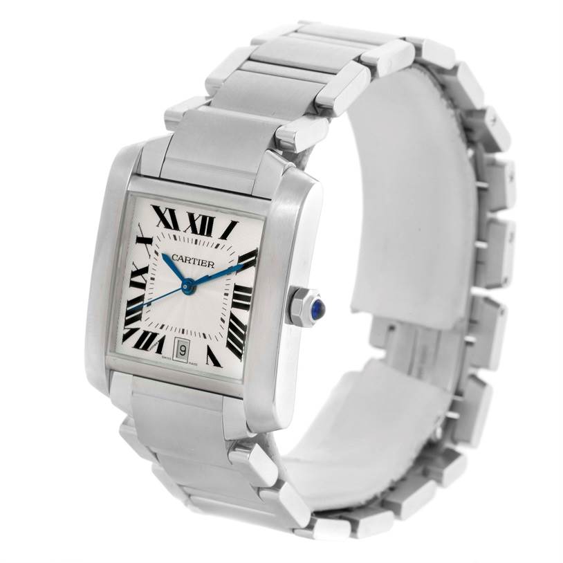 The image shows a Cartier Tank Francaise W51002Q3 Men
s Stainless Steel Silver Dial W51002Q3 Men
s Stainless Steel Silver Dial watch at a three-quarter angle, highlighting its face, rectangular case, and metal bracelet.