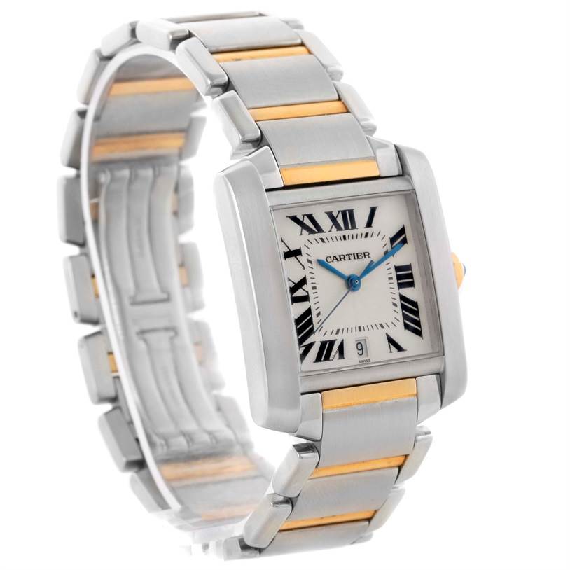 The image shows a Tank Francaise by Cartier at an angled view, highlighting the face, Roman numeral dial, and two-tone bracelet.
