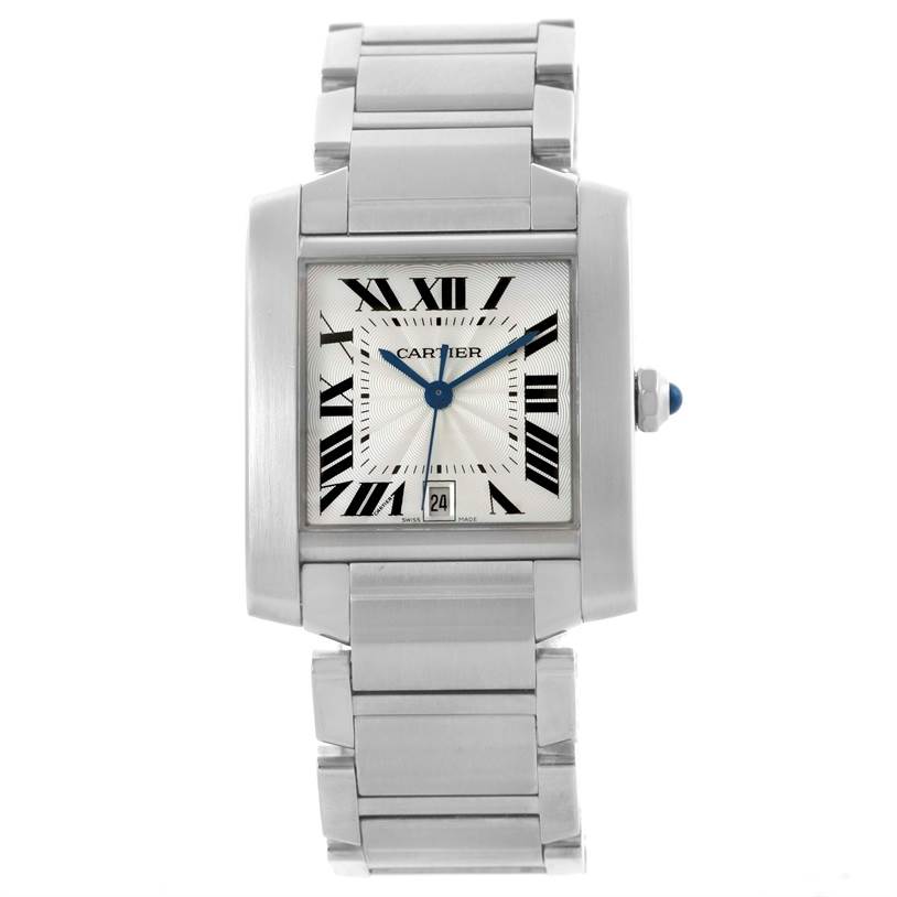 The Cartier Tank Francaise W51002Q3 Stainless Steel Silver Dial W51002Q3 Stainless Steel Silver Dial watch is shown from a straight-on angle, highlighting its face, bracelet, and crown.