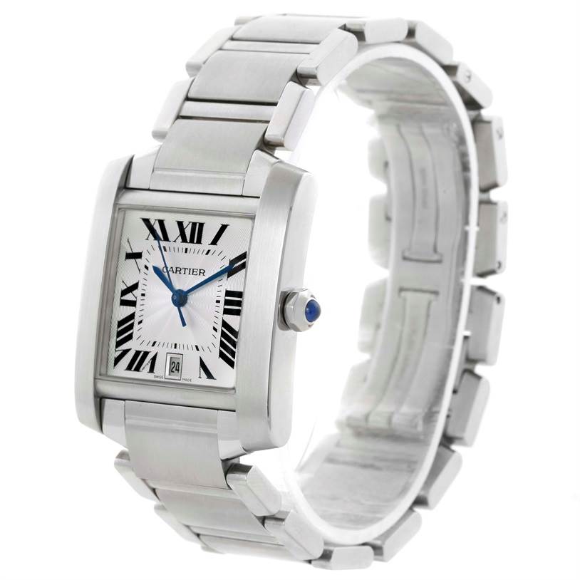 This image shows a Cartier Tank Française watch from a three-quarter front angle, highlighting the face, bracelet, and crown.