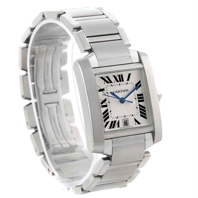 The image shows a three-quarter view of the Cartier Tank Française watch, highlighting its face, bracelet, and clasp.