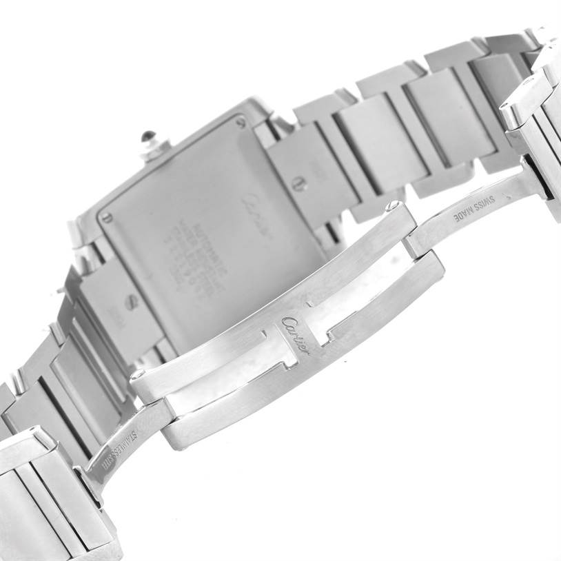 The image shows the backside and clasp of the Cartier Tank Francaise W51002Q3 Stainless Steel Silver Dial W51002Q3 Stainless Steel Silver Dial watch in a partially open position.