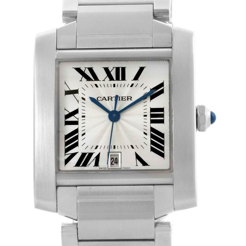 The image shows a front view of the Cartier Tank Francaise W51002Q3 Stainless Steel Silver Dial W51002Q3 Stainless Steel Silver Dial watch, highlighting its Roman numeral dial and stainless steel bracelet.