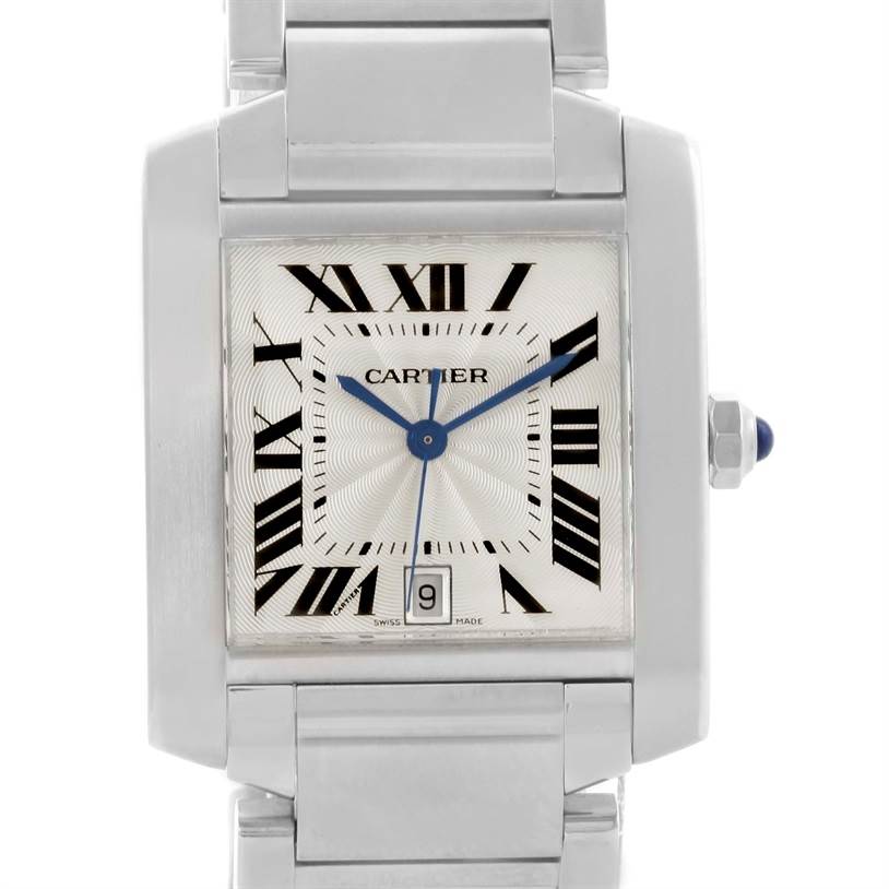 This is a close-up image of a Cartier Tank Francaise W51002Q3 Men
s Stainless Steel Silver Dial W51002Q3 Men
s Stainless Steel Silver Dial watch, showing the face, hands, date window, and part of the bracelet.