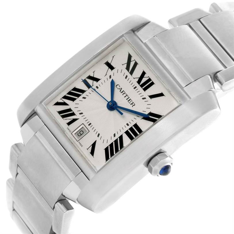 This Cartier Tank Francaise W51002Q3 Men
s Stainless Steel Silver Dial W51002Q3 Men
s Stainless Steel Silver Dial watch is shown at an angle, highlighting the face, bracelet, crown, and date window.