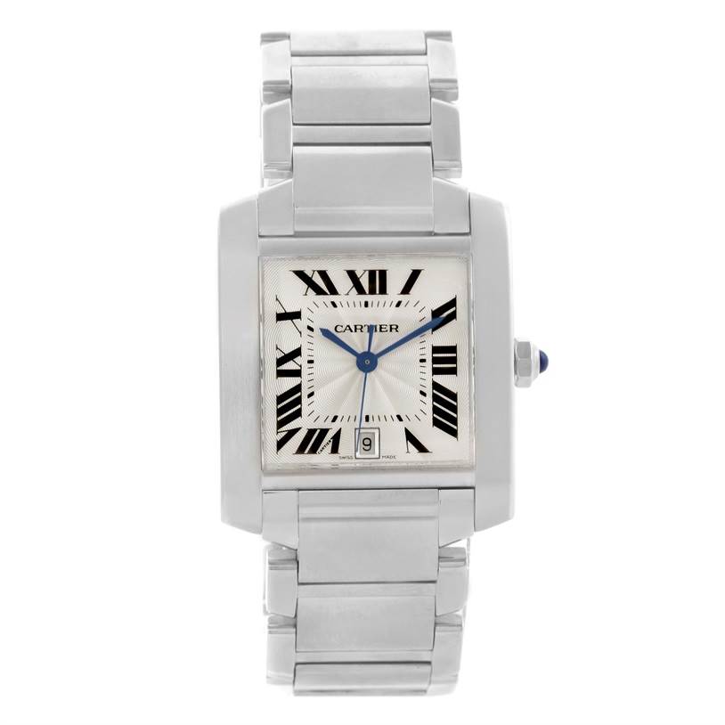 The image shows a frontal view of a Cartier Tank Française watch, highlighting its rectangular dial, metal bracelet, and Roman numeral markers.