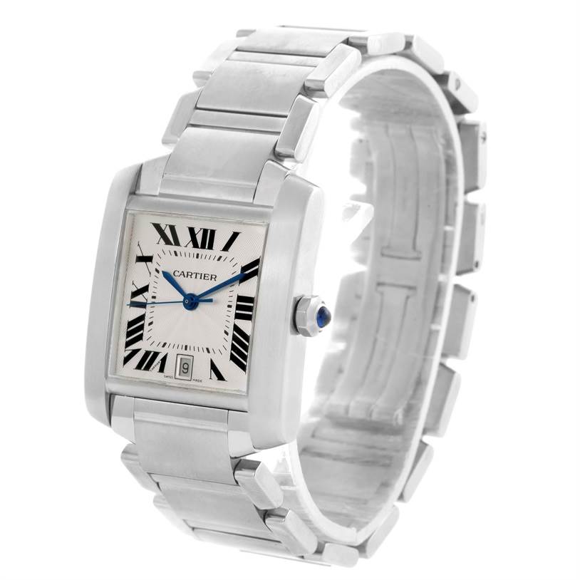The image shows a Cartier Tank Francaise W51002Q3 Men
s Stainless Steel Silver Dial W51002Q3 Men
s Stainless Steel Silver Dial watch at a slight angle, highlighting its face, bracelet, and crown.