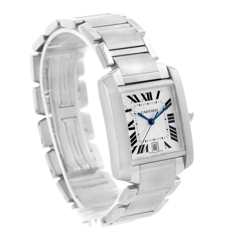 The image shows a Cartier Tank Francaise W51002Q3 Men
s Stainless Steel Silver Dial W51002Q3 Men
s Stainless Steel Silver Dial watch from a side and slightly tilted angle, highlighting its face, bracelet, and clasp.