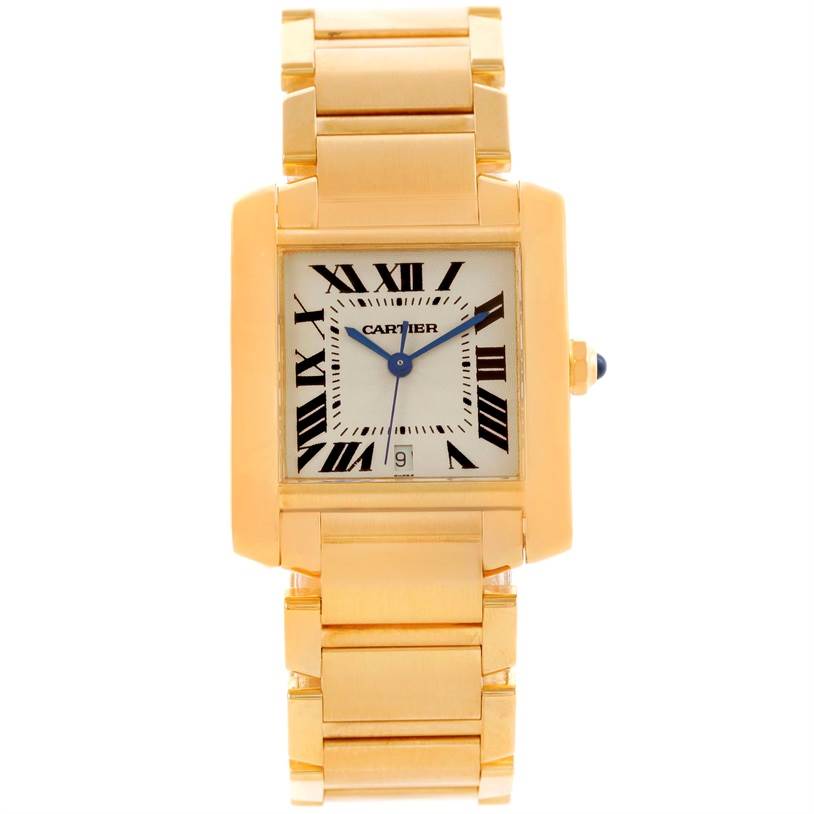The image shows a head-on view of the Cartier Tank Francaise W50001R2 Men's Yellow Gold Silver Dial W50001R2 Men's Yellow Gold Silver Dial watch, displaying its face, bezel, and bracelet.