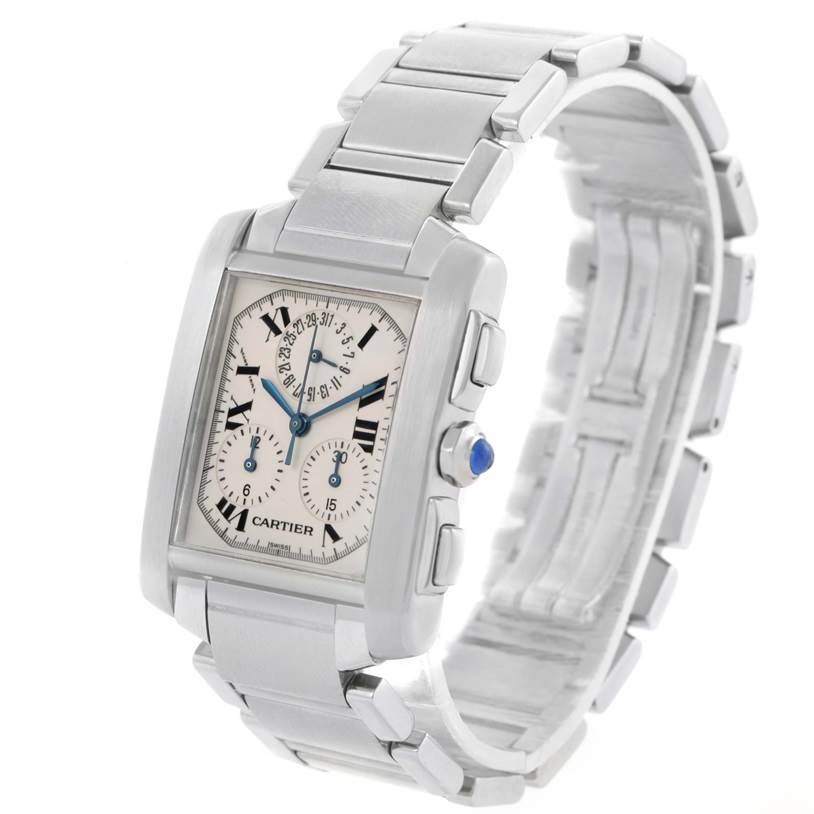 The image shows a Cartier Tank Francaise W51001Q3 Men's Stainless Steel White Dial W51001Q3 Men's Stainless Steel White Dial watch at an angled view, highlighting the face, dial, and metal bracelet.