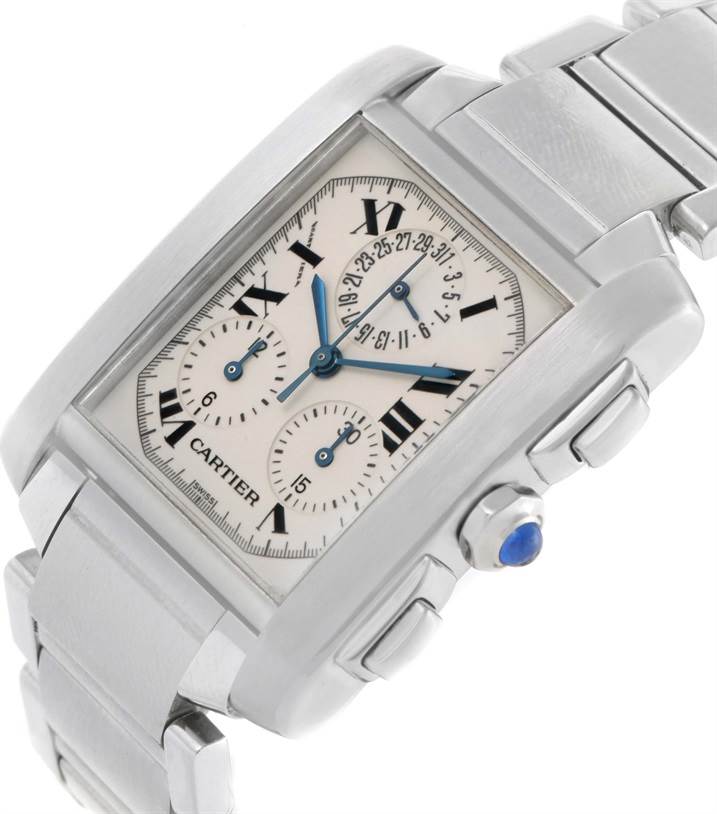 The photo shows a Cartier Tank Francaise W51001Q3 Men's Stainless Steel White Dial W51001Q3 Men's Stainless Steel White Dial watch at an angle, highlighting its face, crown, and part of its bracelet.