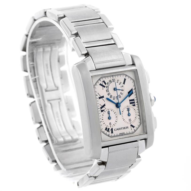 The image shows a Cartier Tank Francaise W51001Q3 Men's Stainless Steel White Dial W51001Q3 Men's Stainless Steel White Dial watch at an angled view, highlighting the rectangular face, metallic band, and blue hands.