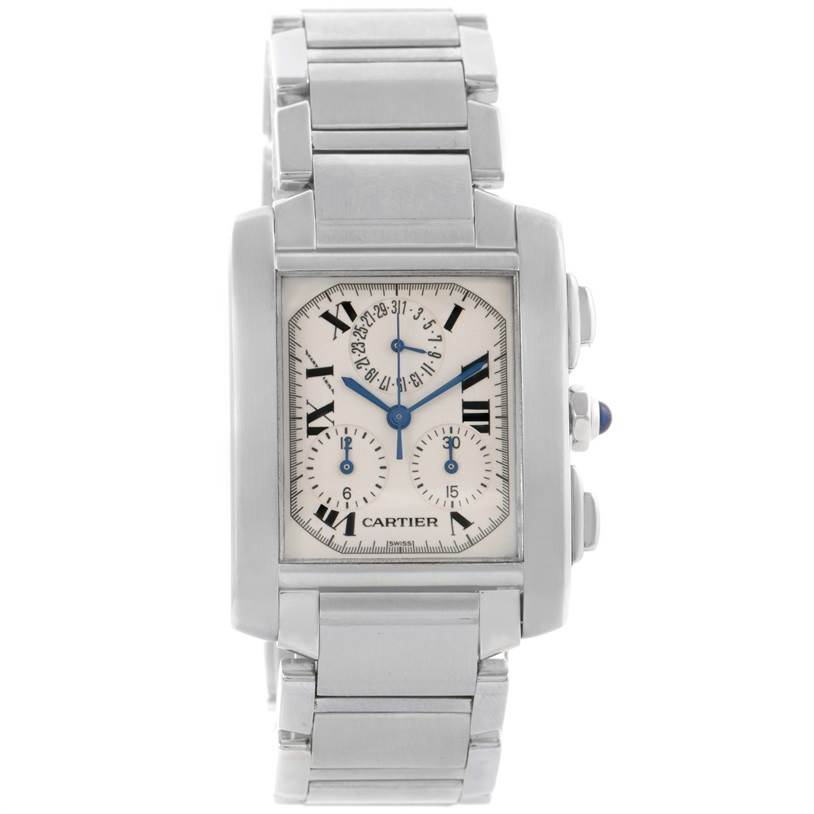 This image shows a front view of the Cartier Tank Française watch, featuring a stainless steel case and bracelet with a detailed dial.
