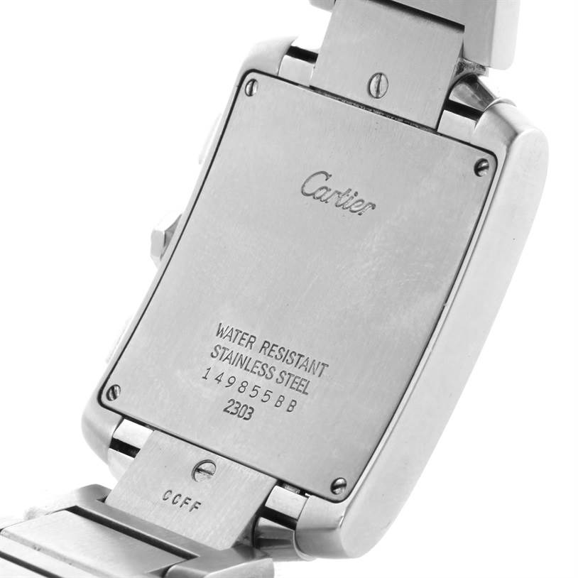 The image shows the back of a Cartier Tank Francaise W51001Q3 Men's Stainless Steel White Dial W51001Q3 Men's Stainless Steel White Dial watch, focusing on its stainless steel case and bracelet.