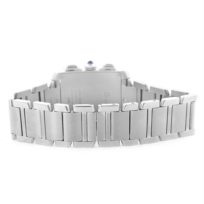 The image shows the backside and bracelet of the Cartier Tank Francaise W51001Q3 Men's Stainless Steel White Dial W51001Q3 Men's Stainless Steel White Dial watch from a rear angle.