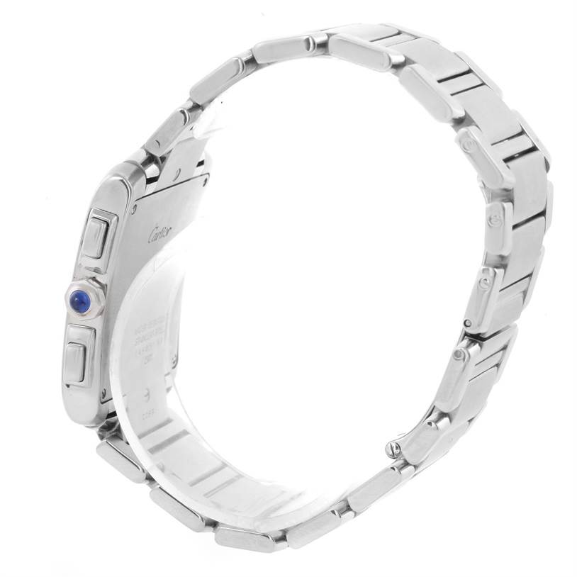 This image shows the side profile of the Cartier Tank Francaise W51001Q3 Men's Stainless Steel White Dial W51001Q3 Men's Stainless Steel White Dial watch, highlighting its stainless steel bracelet and side buttons.