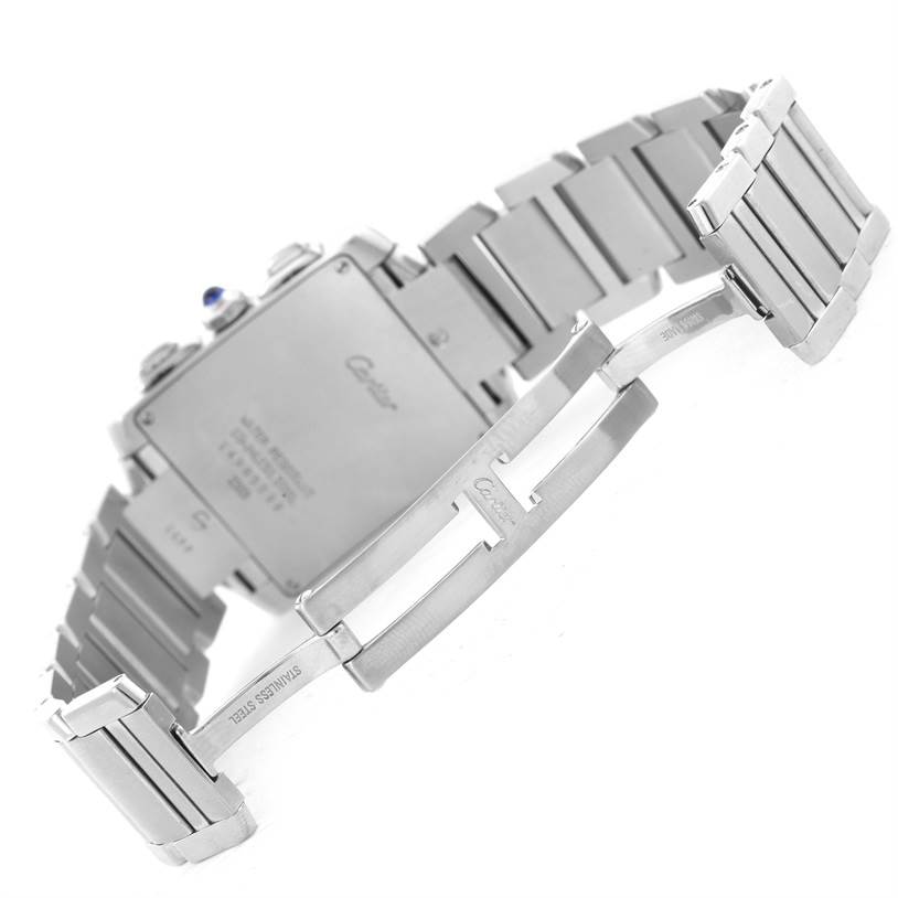This image shows the back and the partially opened bracelet of a Cartier Tank Francaise W51001Q3 Men's Stainless Steel White Dial W51001Q3 Men's Stainless Steel White Dial watch.