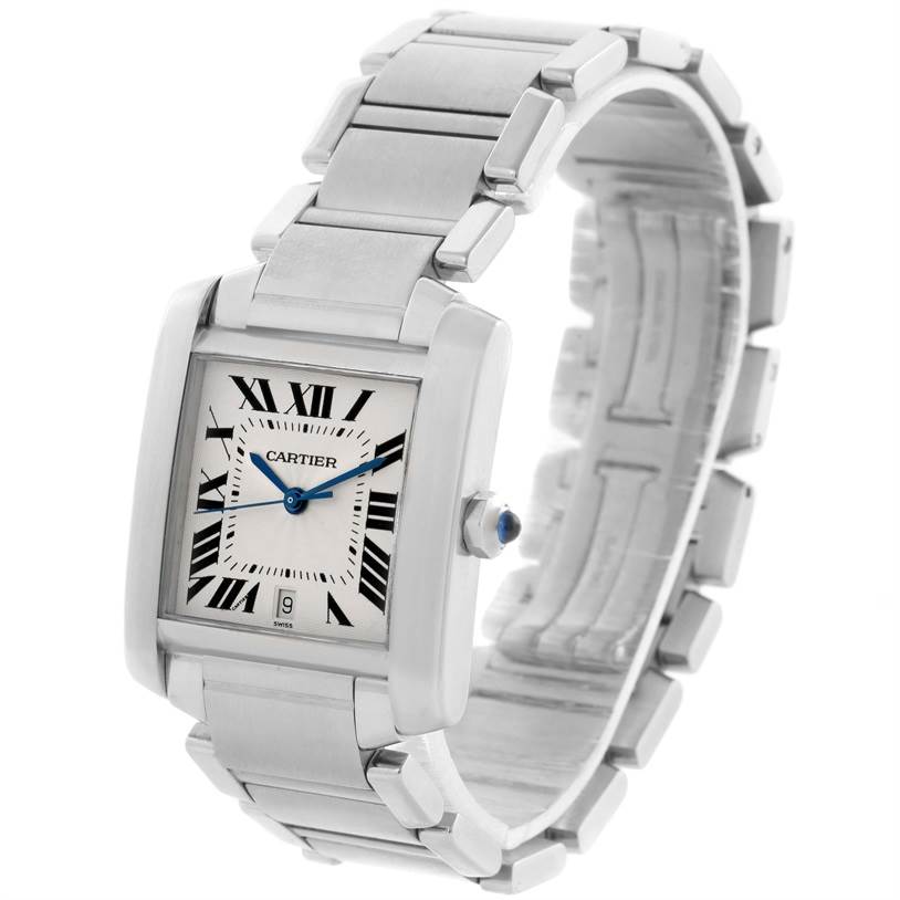 The image shows a Cartier Tank Francaise W51002Q3 Men's Stainless Steel Silver Dial W51002Q3 Men's Stainless Steel Silver Dial watch at a slight side angle, displaying the bracelet, face, and crown.