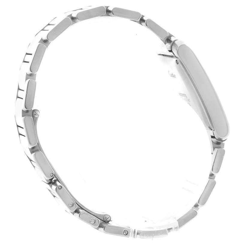 This image shows the Cartier Tank Francaise W51002Q3 Men's Stainless Steel Silver Dial W51002Q3 Men's Stainless Steel Silver Dial watch from a side angle, highlighting the bracelet links and side case.