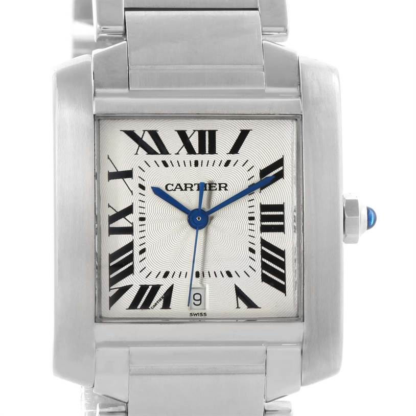The image shows a close-up front view of a Cartier Tank Francaise W51002Q3 Men's Stainless Steel Silver Dial W51002Q3 Men's Stainless Steel Silver Dial watch, displaying the face, hands, and bezel.