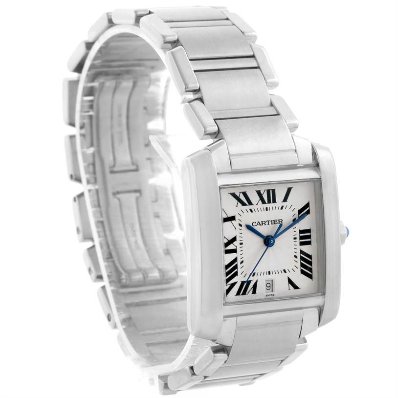 This image shows a front angle of the Cartier Tank Francaise W51002Q3 Men's Stainless Steel Silver Dial W51002Q3 Men's Stainless Steel Silver Dial watch, highlighting its face, bracelet, and clasp.