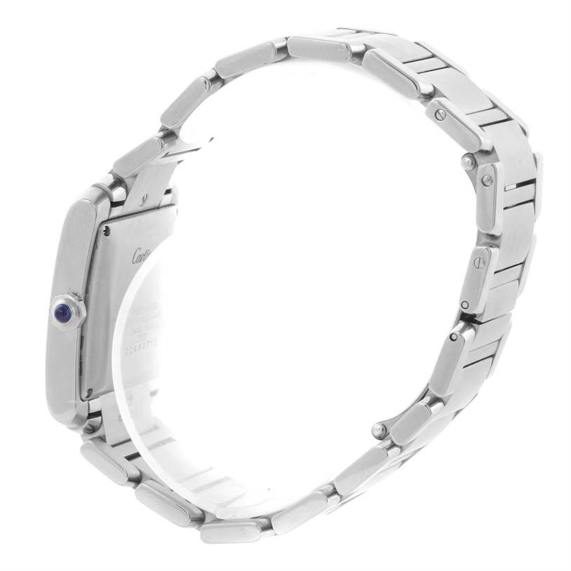 The image shows a side view of a Cartier Tank Francaise W51002Q3 Men's Stainless Steel Silver Dial W51002Q3 Men's Stainless Steel Silver Dial watch, highlighting its metal bracelet and crown.