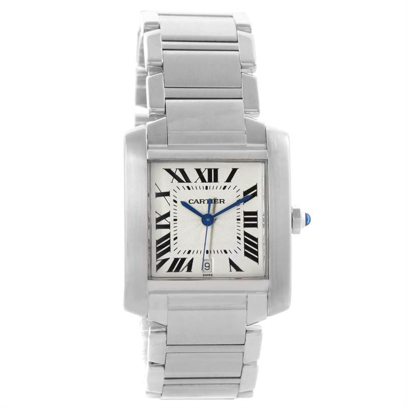 This image shows the face and band of a Cartier Tank Francaise W51002Q3 Men's Stainless Steel Silver Dial W51002Q3 Men's Stainless Steel Silver Dial watch from a front view.
