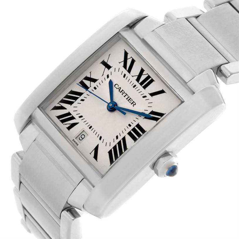 The image shows a close-up angled view of the Cartier Tank Francaise W51002Q3 Men's Stainless Steel Silver Dial W51002Q3 Men's Stainless Steel Silver Dial watch, highlighting the dial, bracelet, crown, and Roman numerals.