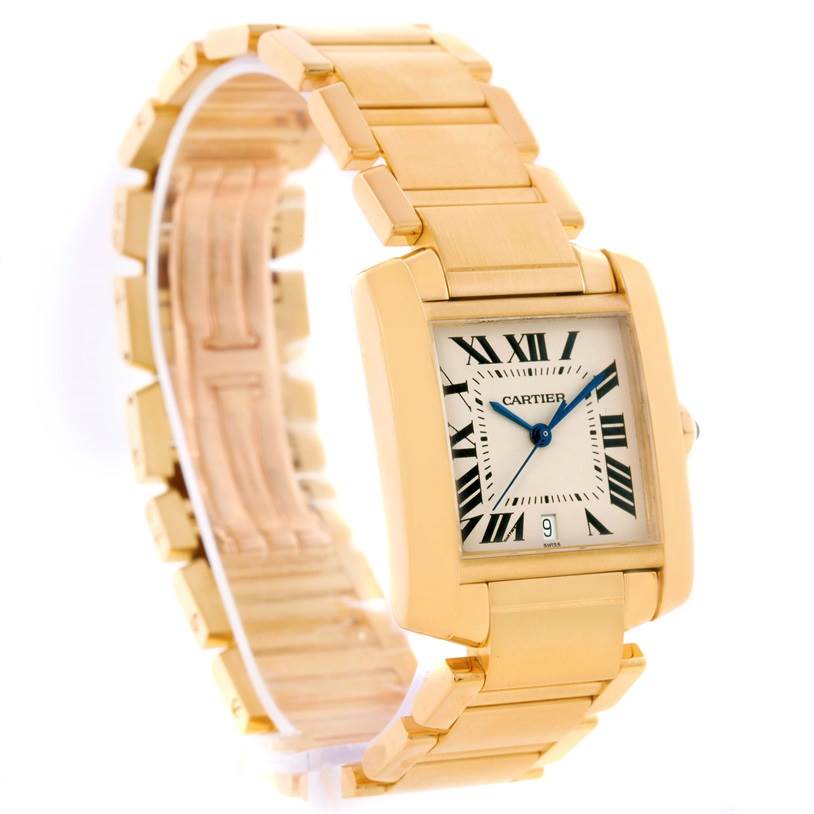 The image shows a Cartier Tank Francaise W50001R2 Men's Yellow Gold Silver Dial W50001R2 Men's Yellow Gold Silver Dial watch at an angled view, highlighting the face, dial, and part of the bracelet.