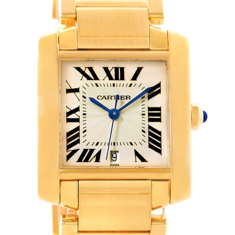 This image shows a frontal close-up view of the Cartier Tank Francaise W50001R2 Men's Yellow Gold Silver Dial W50001R2 Men's Yellow Gold Silver Dial watch, highlighting its face, dial, and part of the bracelet.
