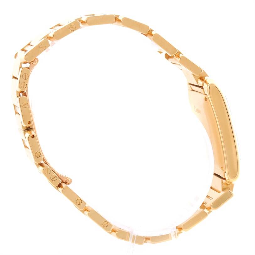 The image shows a side profile of the Cartier Tank Francaise W50001R2 Men's Yellow Gold Silver Dial W50001R2 Men's Yellow Gold Silver Dial watch, highlighting the gold bracelet and case.