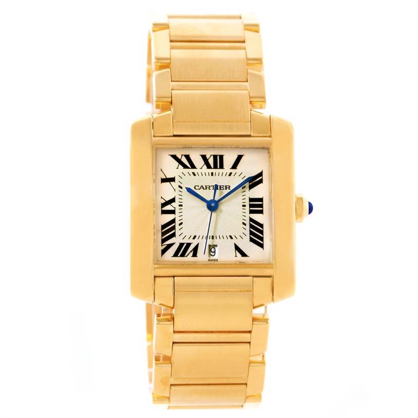 The image shows a frontal view of a Cartier Tank Française watch, highlighting its gold case, bracelet, and Roman numeral dial.