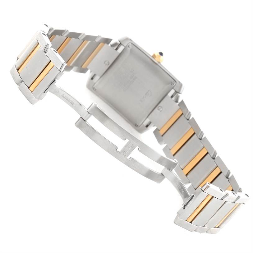 The image shows the Tank Française model by Cartier from the back, focusing on the bracelet and clasp.