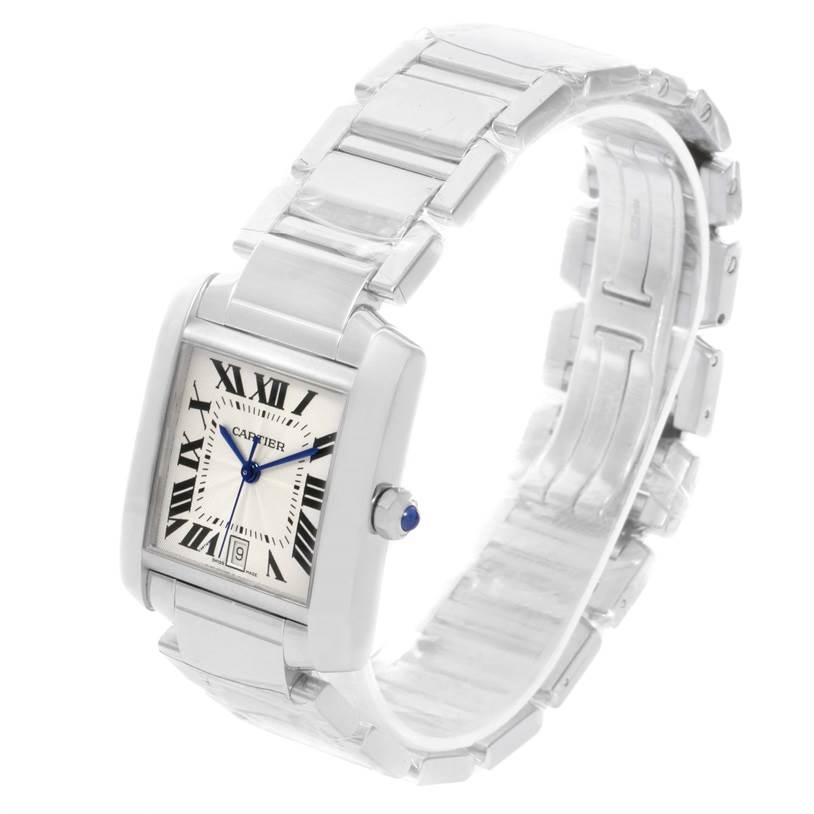 This image shows a Cartier Tank Francaise W50011S3 White Gold Silver Dial W50011S3 White Gold Silver Dial watch at an angled view featuring the face, dial, and bracelet.