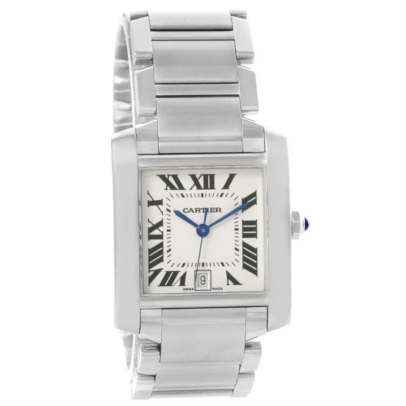 The Cartier Tank Francaise Stainless Steel Silver Dial Stainless Steel Silver Dial watch is shown in a front view, displaying its face, bracelet, crown, and date window.