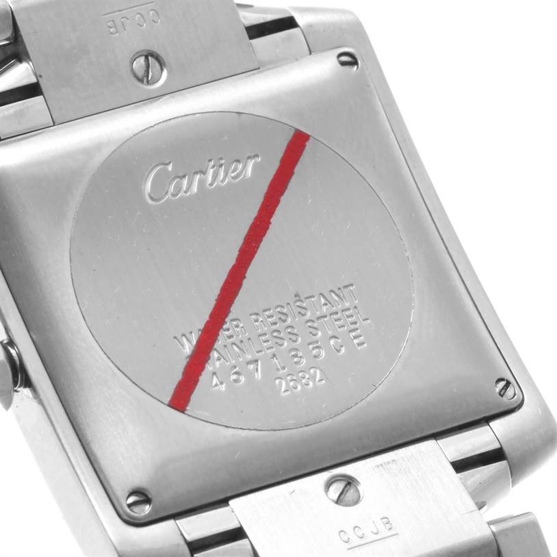 This is the back of the Cartier Tank Francaise Stainless Steel Silver Dial Stainless Steel Silver Dial watch, showing the case back and part of the bracelet.