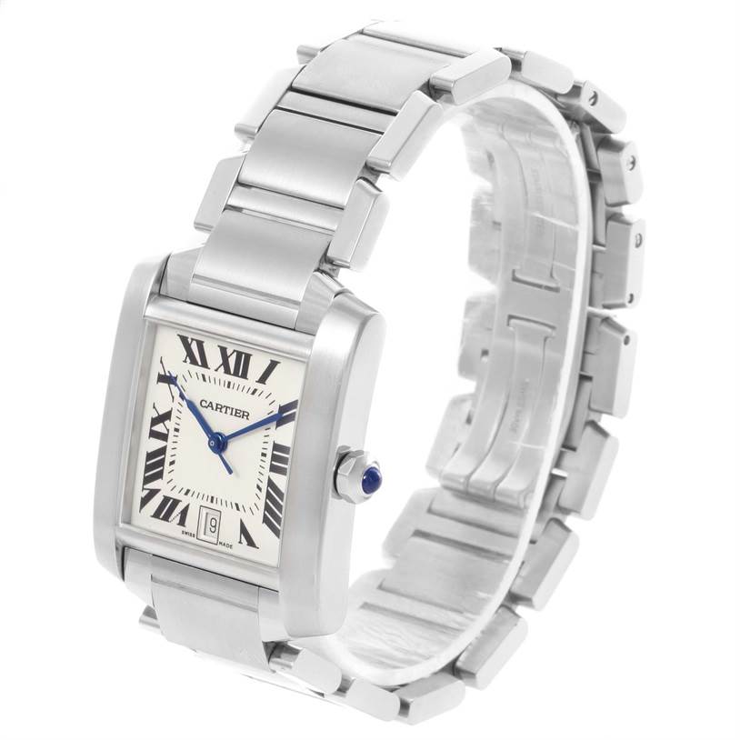 This image shows a three-quarter angled view of a Tank Française watch by Cartier, featuring its face, bracelet, and crown.