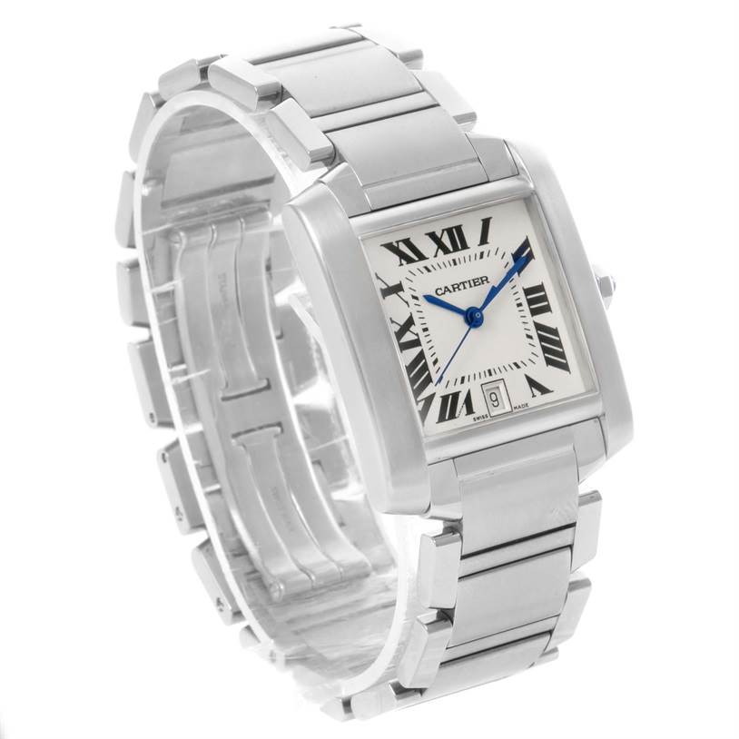 The image shows the Cartier Tank Francaise Stainless Steel Silver Dial Stainless Steel Silver Dial watch at an angled view, highlighting its bracelet, dial, and case.